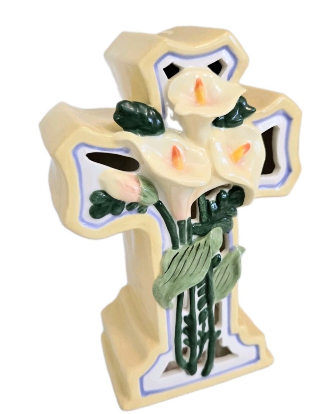 Blue Sky Clayworks Cross Calla Lily Tea Light Candle Holder Religious Christian